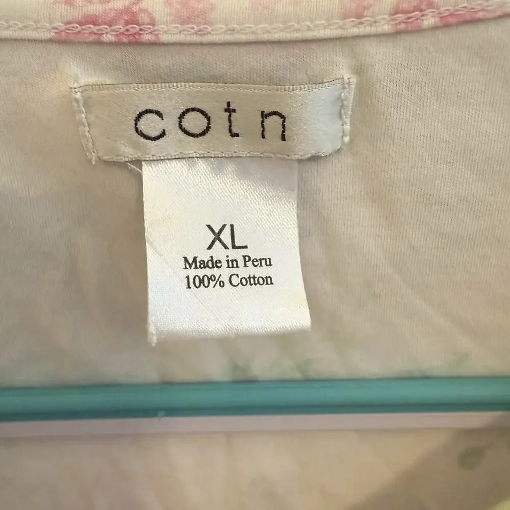 COTN Pajama Top Women XL Long‎ Sleeve White Floral Soft Pleated Grandmacore